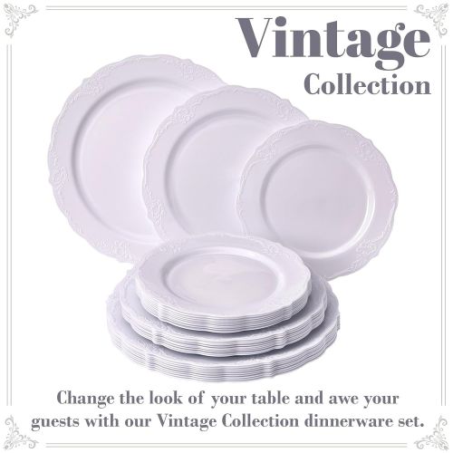  Silver Spoons Party Disposable 30pc Dinnerware Set | 10 Dinner Plates | 10 Salad Plates | 10 Dessert Plates | Heavyweight Plastic Dishes | Elegant Fine China Look | Wedding Dining (Vintage Colle