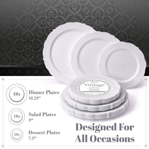  Silver Spoons Party Disposable 30pc Dinnerware Set | 10 Dinner Plates | 10 Salad Plates | 10 Dessert Plates | Heavyweight Plastic Dishes | Elegant Fine China Look | Wedding Dining (Vintage Colle