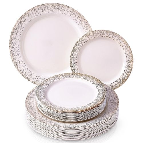  Silver Spoons ELEGANT DISPOSABLE 240 PC DINNERWARE SET | 120 Dinner Plates | 120 Side Plates | Elegant Fine China Look | for Upscale Wedding and Dining (Ocean Mist CollectionGold)