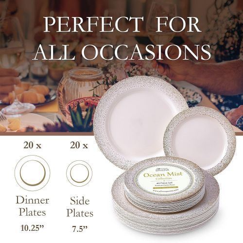  Silver Spoons ELEGANT DISPOSABLE 240 PC DINNERWARE SET | 120 Dinner Plates | 120 Side Plates | Elegant Fine China Look | for Upscale Wedding and Dining (Ocean Mist CollectionGold)