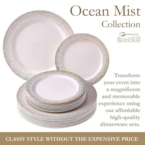  Silver Spoons ELEGANT DISPOSABLE 240 PC DINNERWARE SET | 120 Dinner Plates | 120 Side Plates | Elegant Fine China Look | for Upscale Wedding and Dining (Ocean Mist CollectionGold)