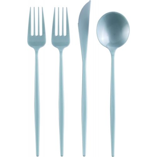  Silver Spoons OPULENCE COLLECTION DISPOSABLE FLATWARE SET | Heavy Duty Plastic Cutlery | 192 pc Set | 96 Forks, 48 Knives and 48 Spoons | for Upscale Wedding and Dining (Mint)