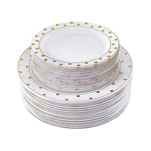  Silver Spoons 80 PC ELEGANT PLASTIC DINNERWARE SET | 40 Dinner Plates and 40 Salad Plates | Christmas Decoration | Charming Dots Collection (Gold)