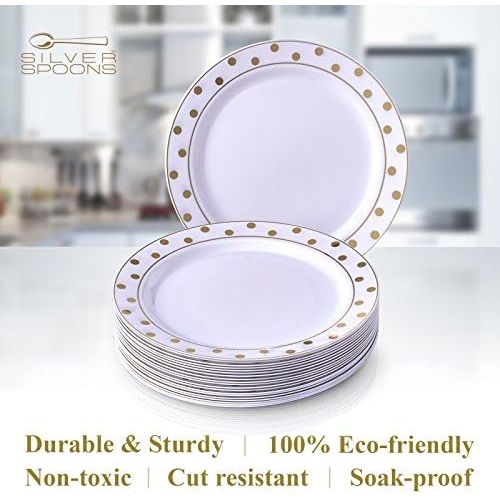  Silver Spoons 80 PC ELEGANT PLASTIC DINNERWARE SET | 40 Dinner Plates and 40 Salad Plates | Christmas Decoration | Charming Dots Collection (Gold)