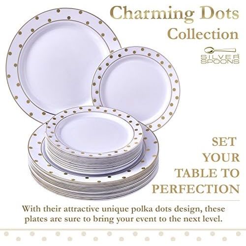  Silver Spoons 80 PC ELEGANT PLASTIC DINNERWARE SET | 40 Dinner Plates and 40 Salad Plates | Christmas Decoration | Charming Dots Collection (Gold)