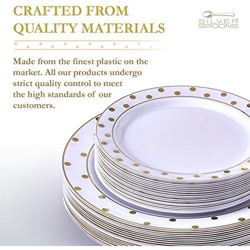  Silver Spoons 80 PC ELEGANT PLASTIC DINNERWARE SET | 40 Dinner Plates and 40 Salad Plates | Christmas Decoration | Charming Dots Collection (Gold)