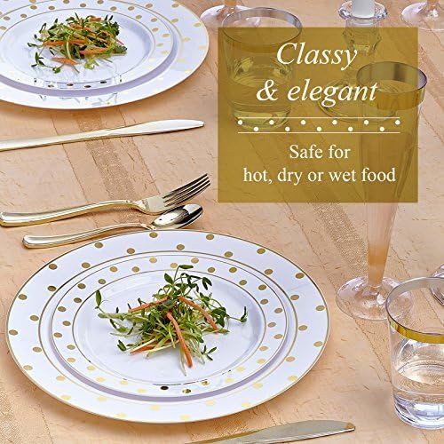  Silver Spoons 80 PC ELEGANT PLASTIC DINNERWARE SET | 40 Dinner Plates and 40 Salad Plates | Christmas Decoration | Charming Dots Collection (Gold)