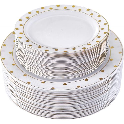  Silver Spoons 80 PC ELEGANT PLASTIC DINNERWARE SET | 40 Dinner Plates and 40 Salad Plates | Christmas Decoration | Charming Dots Collection (Gold)