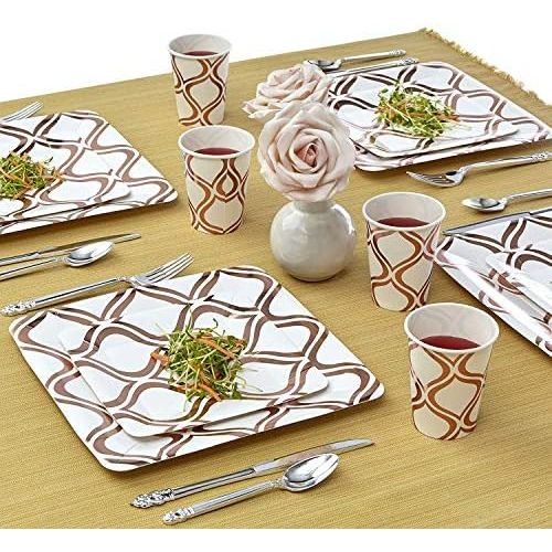  Silver Spoons PARTY DISPOSABLE 72 PC DINNERWARE SET | 36 Dinner Plates | 36 Salad or Dessert Plates | Heavy Duty Paper Plates | for Upscale Wedding and Dining | Square Metallic Rose - Moroccan C