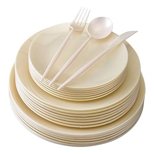  Silver Spoons DISPOSABLE PLASTIC DINNERWARE SET | 156 pc | 20 Dinner Plates | 20 Salad Plates | 20 Dessert Plates | 48 Forks | 24 Spoons | 24 Knives (Opulence - Cream)