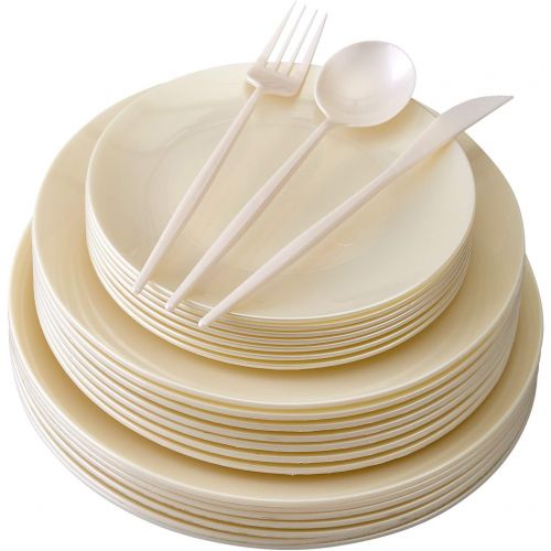  Silver Spoons DISPOSABLE PLASTIC DINNERWARE SET | 156 pc | 20 Dinner Plates | 20 Salad Plates | 20 Dessert Plates | 48 Forks | 24 Spoons | 24 Knives (Opulence - Cream)