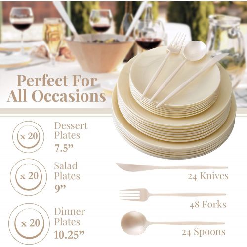  Silver Spoons DISPOSABLE PLASTIC DINNERWARE SET | 156 pc | 20 Dinner Plates | 20 Salad Plates | 20 Dessert Plates | 48 Forks | 24 Spoons | 24 Knives (Opulence - Cream)