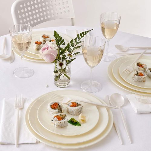  Silver Spoons DISPOSABLE PLASTIC DINNERWARE SET | 156 pc | 20 Dinner Plates | 20 Salad Plates | 20 Dessert Plates | 48 Forks | 24 Spoons | 24 Knives (Opulence - Cream)