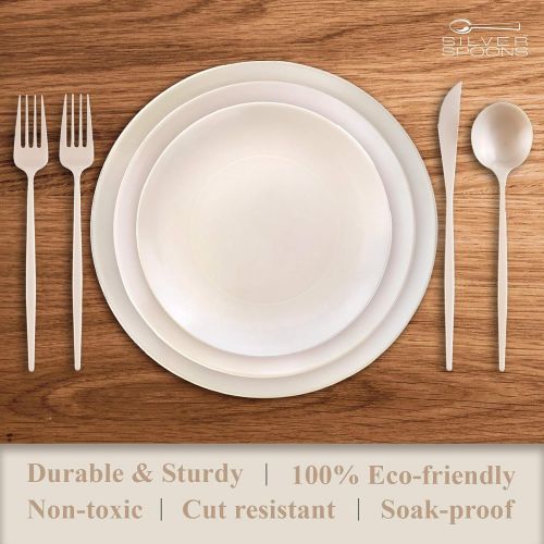  Silver Spoons DISPOSABLE PLASTIC DINNERWARE SET | 156 pc | 20 Dinner Plates | 20 Salad Plates | 20 Dessert Plates | 48 Forks | 24 Spoons | 24 Knives (Opulence - Cream)