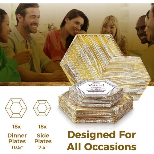  Silver Spoons PARTY DISPOSABLE 432 PC DINNERWARE SET | 216 Dinner Plates | 216 Side Plates | Heavyweight Paper Plates | Hexagon Wood Design | for Upscale Wedding and Dining (Wood Collection  Wh