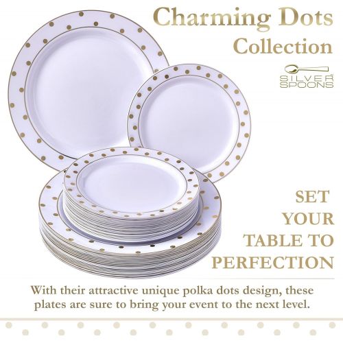  Silver Spoons ELEGANT PLASTIC DINNERWARE 240 PC VALUE PACK | 120 Dinner Plates & 120 Side Plates | Heavy Duty Plastic Plates (Dots  Gold)