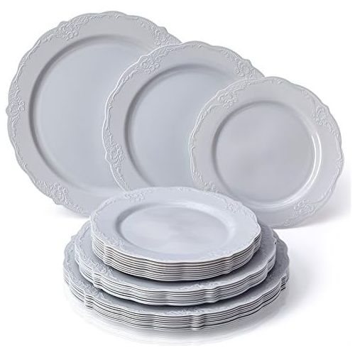  Silver Spoons VINTAGE COLLECTION 120 PC DINNERWARE SET | 40 Dinner Plates | 40 Salad Plates | 40 Dessert Plates | Durable Plastic Dishes | Elegant Fine China Look | for Upscale Wedding and Dinin