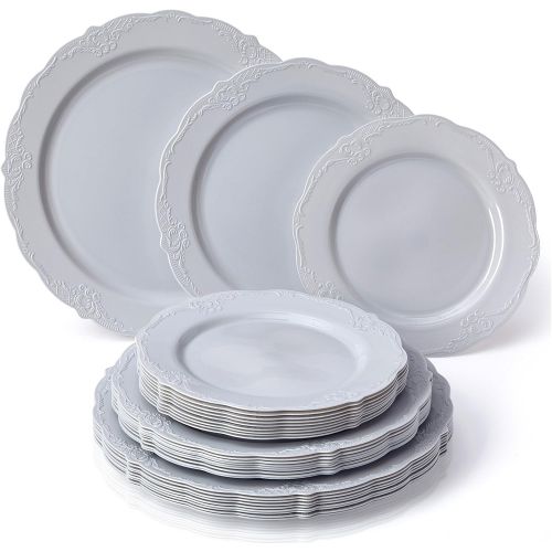  Silver Spoons VINTAGE COLLECTION 120 PC DINNERWARE SET | 40 Dinner Plates | 40 Salad Plates | 40 Dessert Plates | Durable Plastic Dishes | Elegant Fine China Look | for Upscale Wedding and Dinin