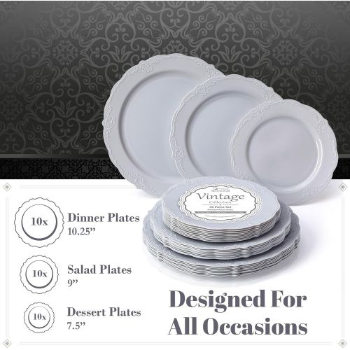  Silver Spoons VINTAGE COLLECTION 120 PC DINNERWARE SET | 40 Dinner Plates | 40 Salad Plates | 40 Dessert Plates | Durable Plastic Dishes | Elegant Fine China Look | for Upscale Wedding and Dinin