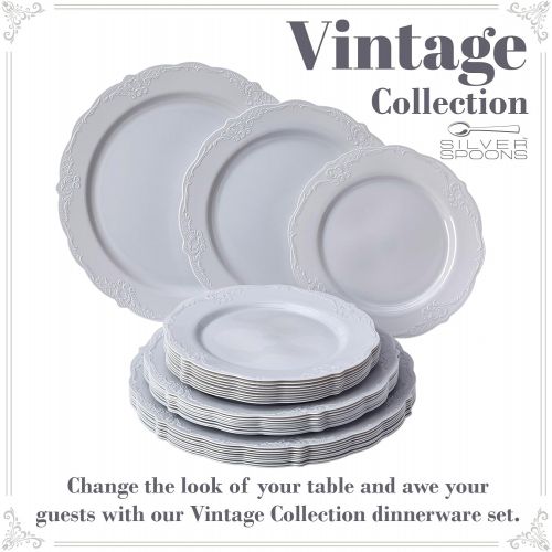  Silver Spoons VINTAGE COLLECTION 120 PC DINNERWARE SET | 40 Dinner Plates | 40 Salad Plates | 40 Dessert Plates | Durable Plastic Dishes | Elegant Fine China Look | for Upscale Wedding and Dinin