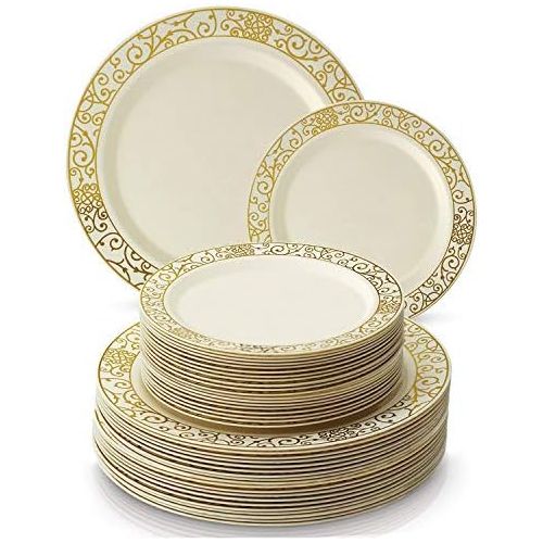  Silver Spoons ELEGANT DISPOSABLE 240 PC DINNERWARE SET | 120 Dinner | 120 Side Plates | Heavy Duty Disposable Plastic Dishes | Elegant Fine China Look | for Upscale Wedding and Dining (Venetian