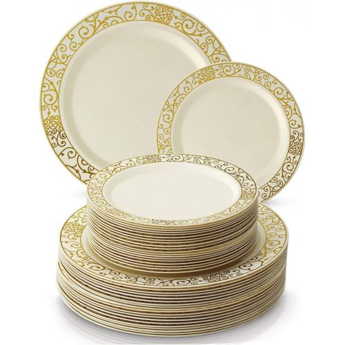  Silver Spoons ELEGANT DISPOSABLE 240 PC DINNERWARE SET | 120 Dinner | 120 Side Plates | Heavy Duty Disposable Plastic Dishes | Elegant Fine China Look | for Upscale Wedding and Dining (Venetian