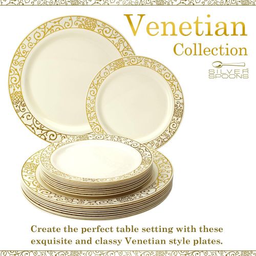  Silver Spoons ELEGANT DISPOSABLE 240 PC DINNERWARE SET | 120 Dinner | 120 Side Plates | Heavy Duty Disposable Plastic Dishes | Elegant Fine China Look | for Upscale Wedding and Dining (Venetian