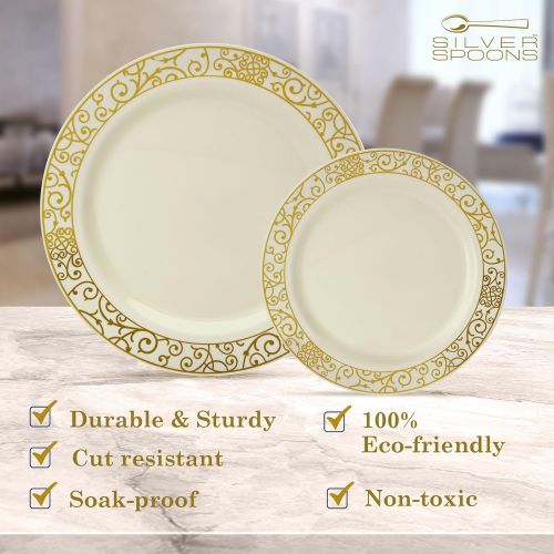  Silver Spoons ELEGANT DISPOSABLE 240 PC DINNERWARE SET | 120 Dinner | 120 Side Plates | Heavy Duty Disposable Plastic Dishes | Elegant Fine China Look | for Upscale Wedding and Dining (Venetian