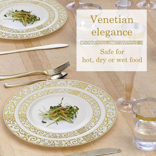  Silver Spoons ELEGANT DISPOSABLE 240 PC DINNERWARE SET | 120 Dinner | 120 Side Plates | Heavy Duty Disposable Plastic Dishes | Elegant Fine China Look | for Upscale Wedding and Dining (Venetian