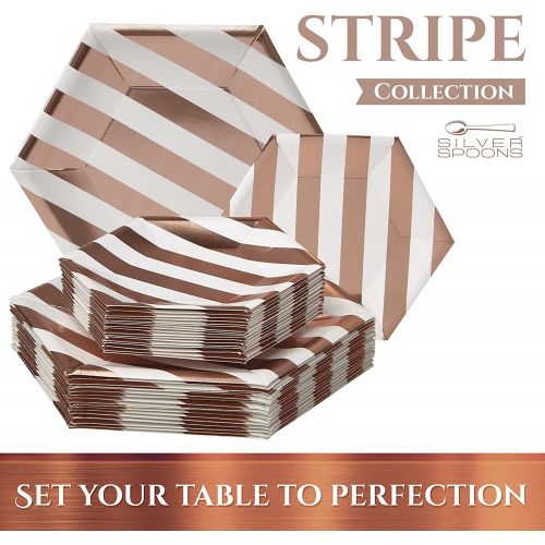  Silver Spoons PARTY DISPOSABLE 36 PC DINNERWARE SET | 18 Dinner Plates | 18 Side Plates | Heavyweight Paper Plates | Hexagon Design | Biodegradable Plates for Upscale Wedding and Dining (Stripe