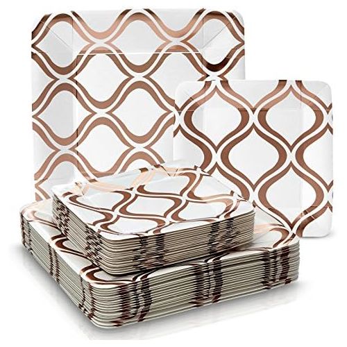  Silver Spoons PARTY DISPOSABLE 432 PC DINNERWARE SET | 216 Dinner Plates | 216 Salad or Dessert Plates | Heavy Duty Paper Plates | for Upscale Wedding and Dining | Square Metallic Rose - Morocca