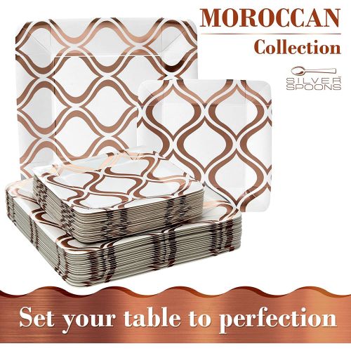  Silver Spoons PARTY DISPOSABLE 432 PC DINNERWARE SET | 216 Dinner Plates | 216 Salad or Dessert Plates | Heavy Duty Paper Plates | for Upscale Wedding and Dining | Square Metallic Rose - Morocca