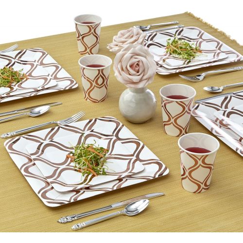  Silver Spoons PARTY DISPOSABLE 432 PC DINNERWARE SET | 216 Dinner Plates | 216 Salad or Dessert Plates | Heavy Duty Paper Plates | for Upscale Wedding and Dining | Square Metallic Rose - Morocca