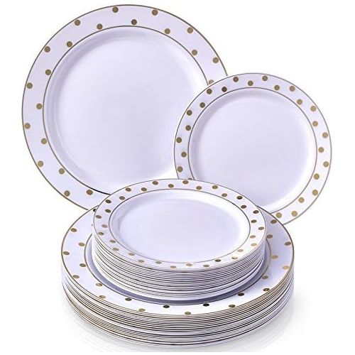  Silver Spoons GOLD PLASTIC PLATE SET | 20 Dinner Plates | 20 Side Plates | for Upscale Wedding and Dining (Dots White/Gold)