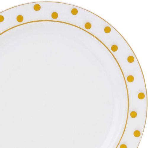  Silver Spoons GOLD PLASTIC PLATE SET | 20 Dinner Plates | 20 Side Plates | for Upscale Wedding and Dining (Dots White/Gold)