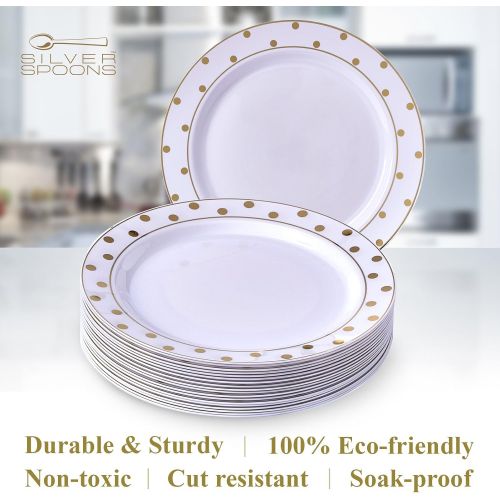  Silver Spoons GOLD PLASTIC PLATE SET | 20 Dinner Plates | 20 Side Plates | for Upscale Wedding and Dining (Dots White/Gold)