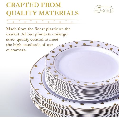  Silver Spoons GOLD PLASTIC PLATE SET | 20 Dinner Plates | 20 Side Plates | for Upscale Wedding and Dining (Dots White/Gold)