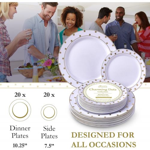  Silver Spoons GOLD PLASTIC PLATE SET | 20 Dinner Plates | 20 Side Plates | for Upscale Wedding and Dining (Dots White/Gold)