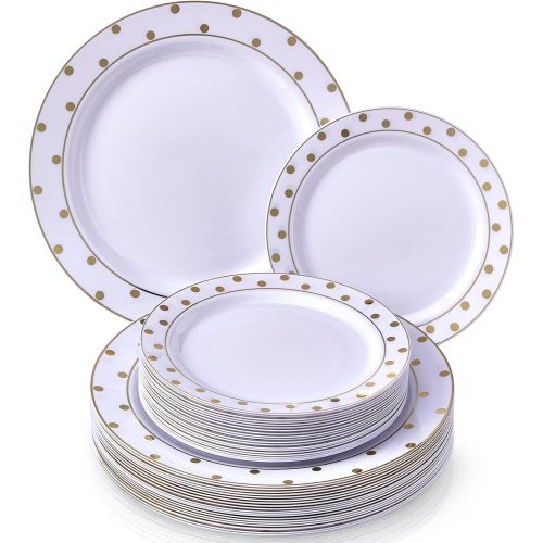  Silver Spoons GOLD PLASTIC PLATE SET | 20 Dinner Plates | 20 Side Plates | for Upscale Wedding and Dining (Dots White/Gold)