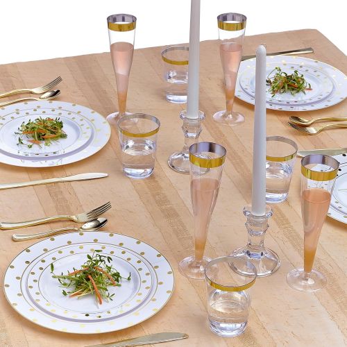  Silver Spoons GOLD PLASTIC PLATE SET | 20 Dinner Plates | 20 Side Plates | for Upscale Wedding and Dining (Dots White/Gold)