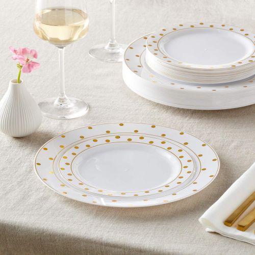  Silver Spoons GOLD PLASTIC PLATE SET | 20 Dinner Plates | 20 Side Plates | for Upscale Wedding and Dining (Dots White/Gold)