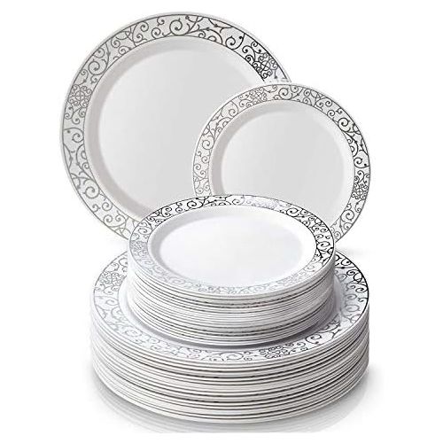  Silver Spoons ELEGANT DISPOSABLE 240 PC DINNERWARE SET|120 Dinner | 120 Side Plates | Heavy Duty Disposable Plastic Dishes| Elegant Fine China Look | for Upscale Wedding and Dining (Venetian Col