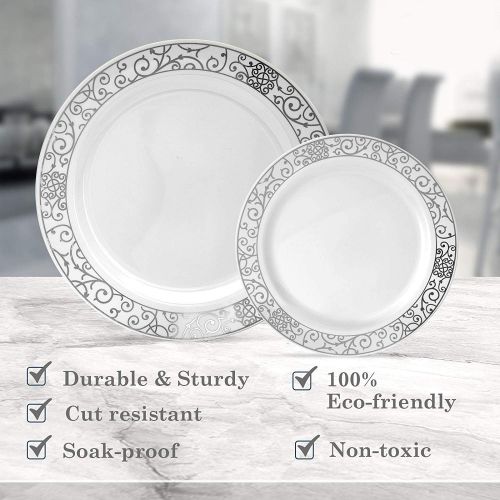  Silver Spoons ELEGANT DISPOSABLE 240 PC DINNERWARE SET|120 Dinner | 120 Side Plates | Heavy Duty Disposable Plastic Dishes| Elegant Fine China Look | for Upscale Wedding and Dining (Venetian Col