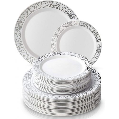  Silver Spoons ELEGANT DISPOSABLE 240 PC DINNERWARE SET|120 Dinner | 120 Side Plates | Heavy Duty Disposable Plastic Dishes| Elegant Fine China Look | for Upscale Wedding and Dining (Venetian Col