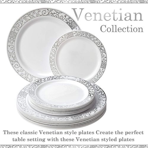  Silver Spoons ELEGANT DISPOSABLE 240 PC DINNERWARE SET|120 Dinner | 120 Side Plates | Heavy Duty Disposable Plastic Dishes| Elegant Fine China Look | for Upscale Wedding and Dining (Venetian Col