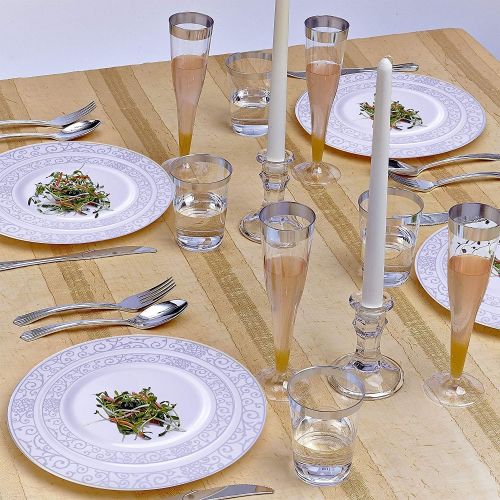  Silver Spoons ELEGANT DISPOSABLE 240 PC DINNERWARE SET|120 Dinner | 120 Side Plates | Heavy Duty Disposable Plastic Dishes| Elegant Fine China Look | for Upscale Wedding and Dining (Venetian Col