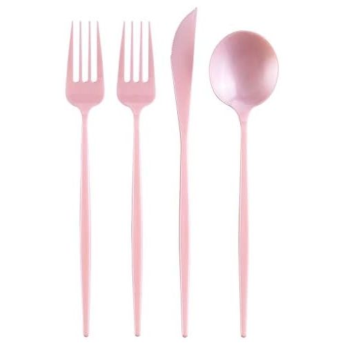  Silver Spoons OPULENCE COLLECTION DISPOSABLE FLATWARE SET | Heavy Duty Plastic Cutlery | 96 pc Set | 48 Forks, 24 Knives and 24 Spoons | for Upscale Wedding and Dining (Pink)