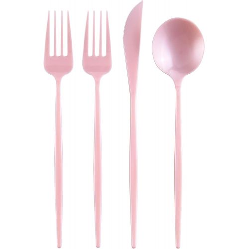  Silver Spoons OPULENCE COLLECTION DISPOSABLE FLATWARE SET | Heavy Duty Plastic Cutlery | 96 pc Set | 48 Forks, 24 Knives and 24 Spoons | for Upscale Wedding and Dining (Pink)