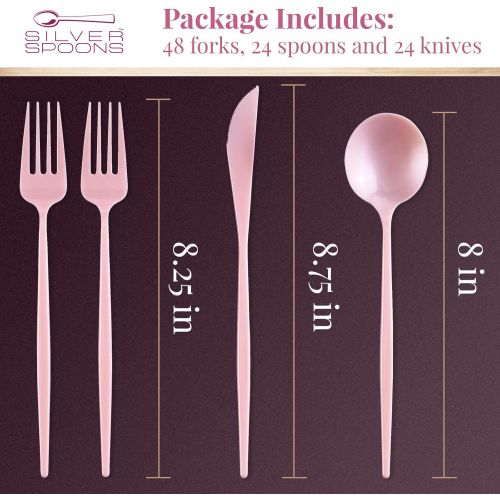  Silver Spoons OPULENCE COLLECTION DISPOSABLE FLATWARE SET | Heavy Duty Plastic Cutlery | 96 pc Set | 48 Forks, 24 Knives and 24 Spoons | for Upscale Wedding and Dining (Pink)