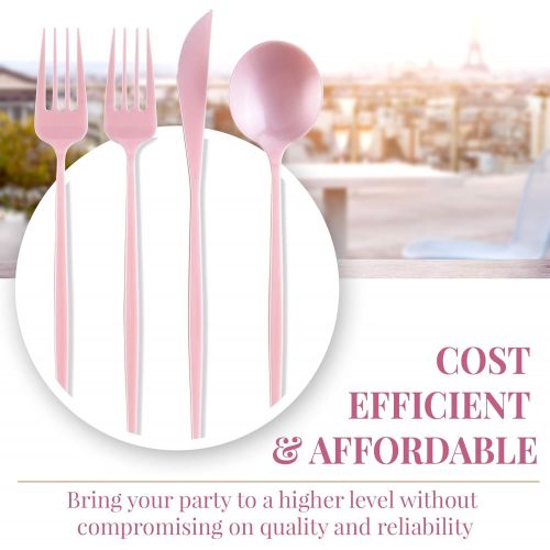  Silver Spoons OPULENCE COLLECTION DISPOSABLE FLATWARE SET | Heavy Duty Plastic Cutlery | 96 pc Set | 48 Forks, 24 Knives and 24 Spoons | for Upscale Wedding and Dining (Pink)